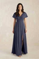 A - Line Short Sleeve Chiffon V - Neck Bridesmaid Dress in Dusk Blue - SHE IS ME Bridesmaid Dresses