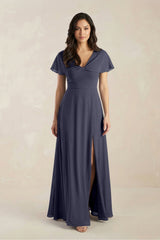 A - Line Short Sleeve Chiffon V - Neck Bridesmaid Dress in Dusk Blue - KISS BRIDAL Bridesmaid Dresses