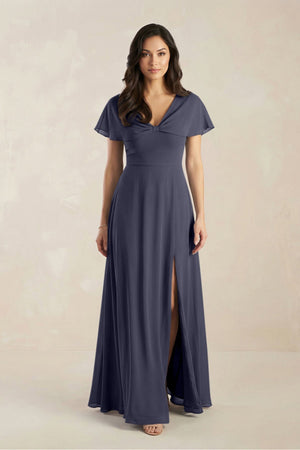 A - Line Short Sleeve Chiffon V - Neck Bridesmaid Dress in Dusk Blue - SHE IS ME Bridesmaid Dresses