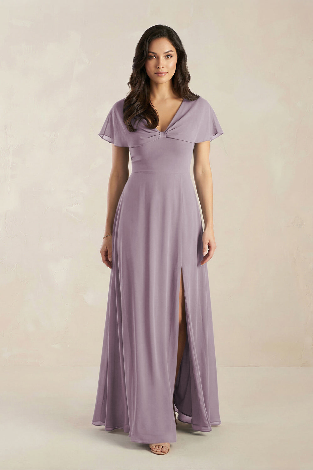 A-Line Short Sleeve Chiffon V-Neck Bridesmaid Dress in Dusk