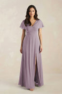 A-Line Short Sleeve Chiffon V-Neck Bridesmaid Dress in Dusk | KISSBRIDAL