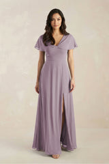 A-Line Short Sleeve Chiffon V-Neck Bridesmaid Dress in Dusk | KISSBRIDAL