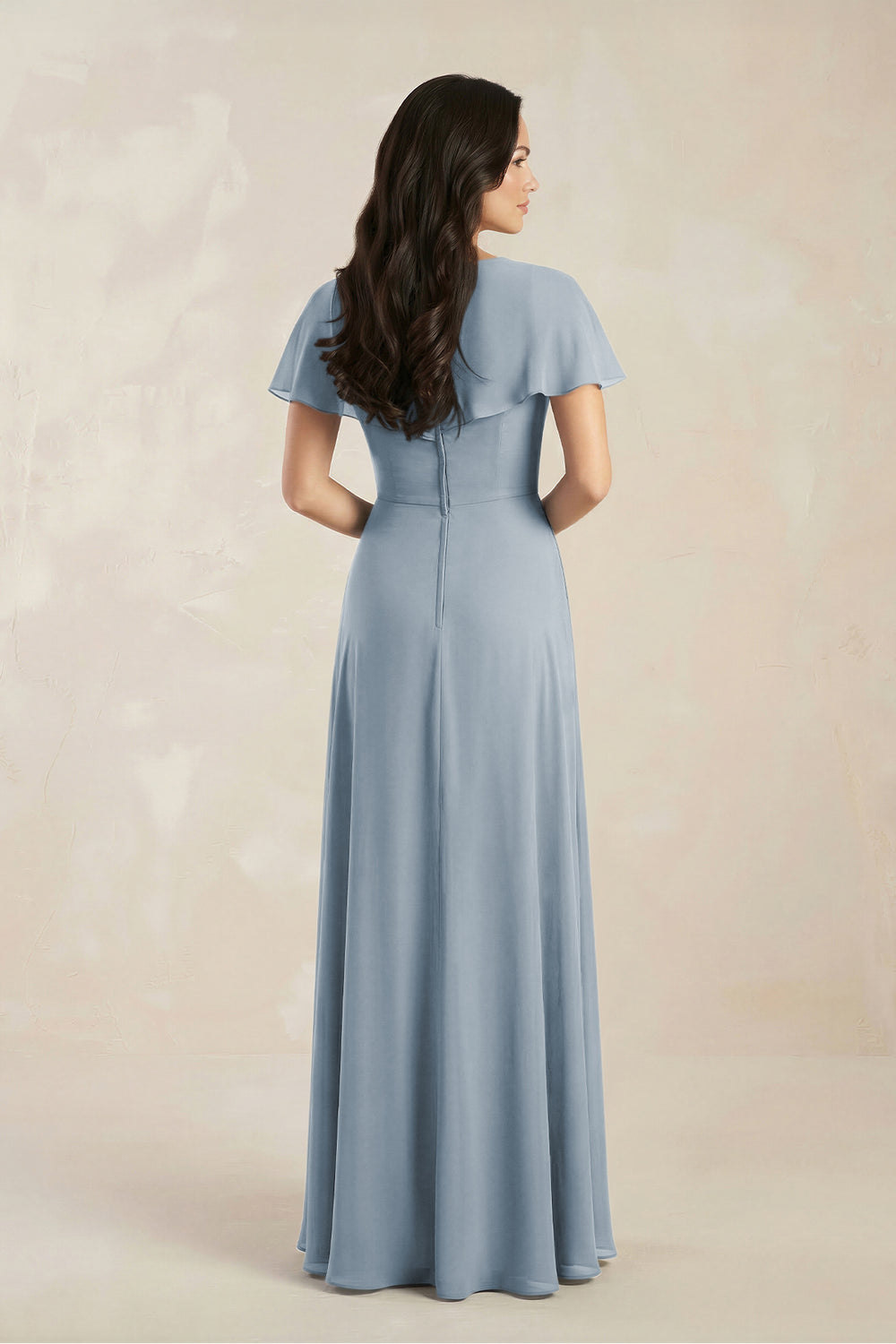A-Line Short Sleeve Chiffon V-Neck Bridesmaid Dress in Dusty Blue