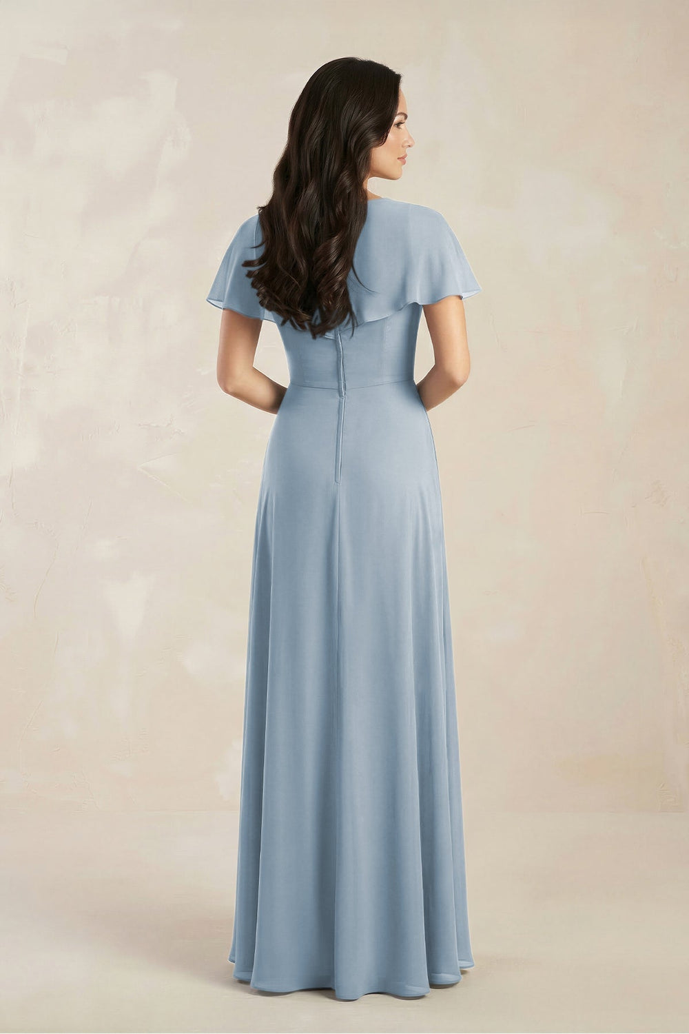 A - Line Short Sleeve Chiffon V - Neck Bridesmaid Dress in Dusty Blue - KISS BRIDAL Bridesmaid Dresses