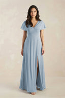 A - Line Short Sleeve Chiffon V - Neck Bridesmaid Dress in Dusty Blue - SHE IS ME Bridesmaid Dresses
