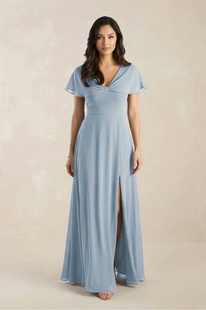 A - Line Short Sleeve Chiffon V - Neck Bridesmaid Dress in Dusty Blue - SHE IS ME Bridesmaid Dresses