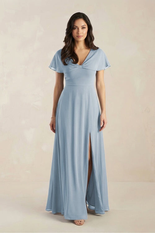A - Line Short Sleeve Chiffon V - Neck Bridesmaid Dress in Dusty Blue - SHE IS ME Bridesmaid Dresses