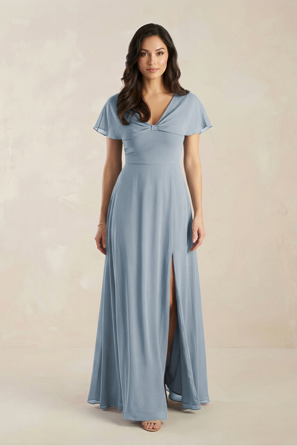 A-Line Short Sleeve Chiffon V-Neck Bridesmaid Dress in Dusty Blue