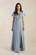 A-Line Short Sleeve Chiffon V-Neck Bridesmaid Dress in Dusty Blue | KISSBRIDAL
