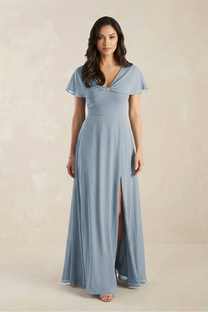 A-Line Short Sleeve Chiffon V-Neck Bridesmaid Dress in Dusty Blue | KISSBRIDAL