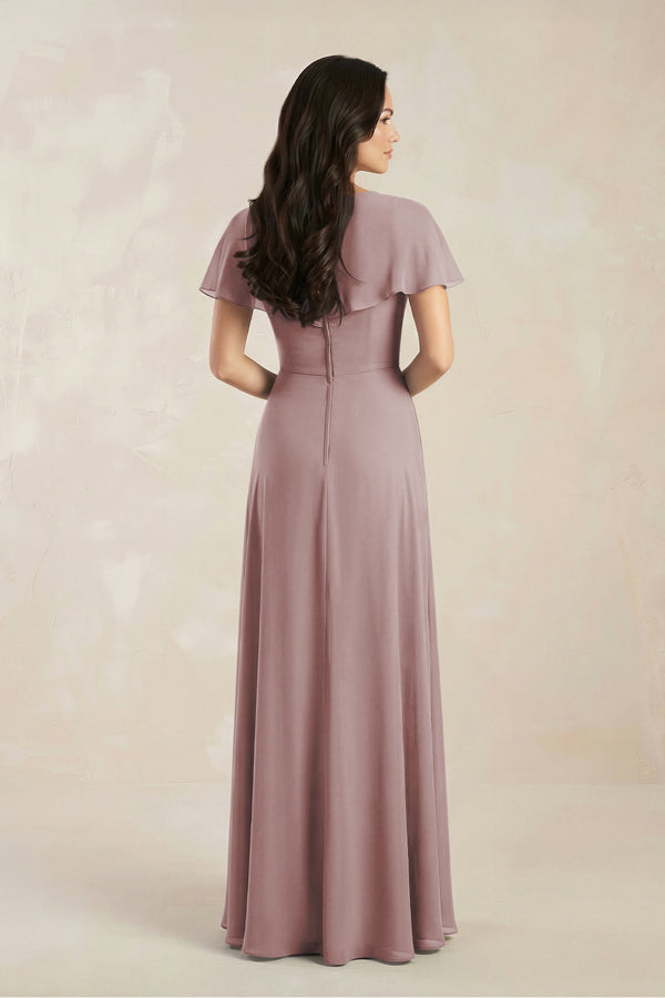 A-Line Short Sleeve Chiffon V-Neck Bridesmaid Dress in Dusty Rose (2) | KISSBRIDAL
