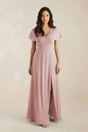 A - Line Short Sleeve Chiffon V - Neck Bridesmaid Dress in Dusty Rose - SHE IS ME Bridesmaid Dresses