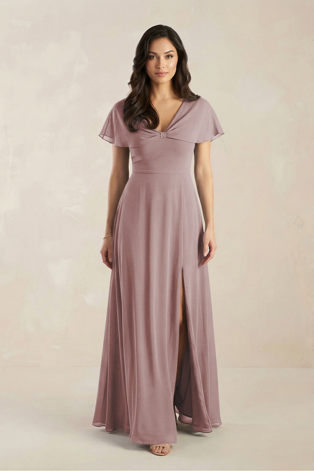 A-Line Short Sleeve Chiffon V-Neck Bridesmaid Dress in Dusty Rose
