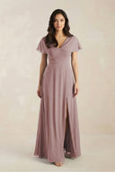 A-Line Short Sleeve Chiffon V-Neck Bridesmaid Dress in Dusty Rose | KISSBRIDAL