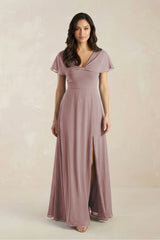 A-Line Short Sleeve Chiffon V-Neck Bridesmaid Dress in Dusty Rose | KISSBRIDAL