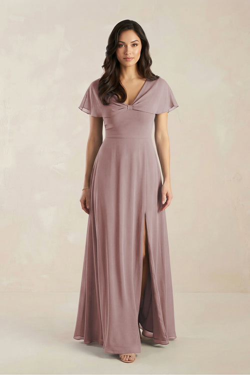 A-Line Short Sleeve Chiffon V-Neck Bridesmaid Dress in Dusty Rose | KISSBRIDAL