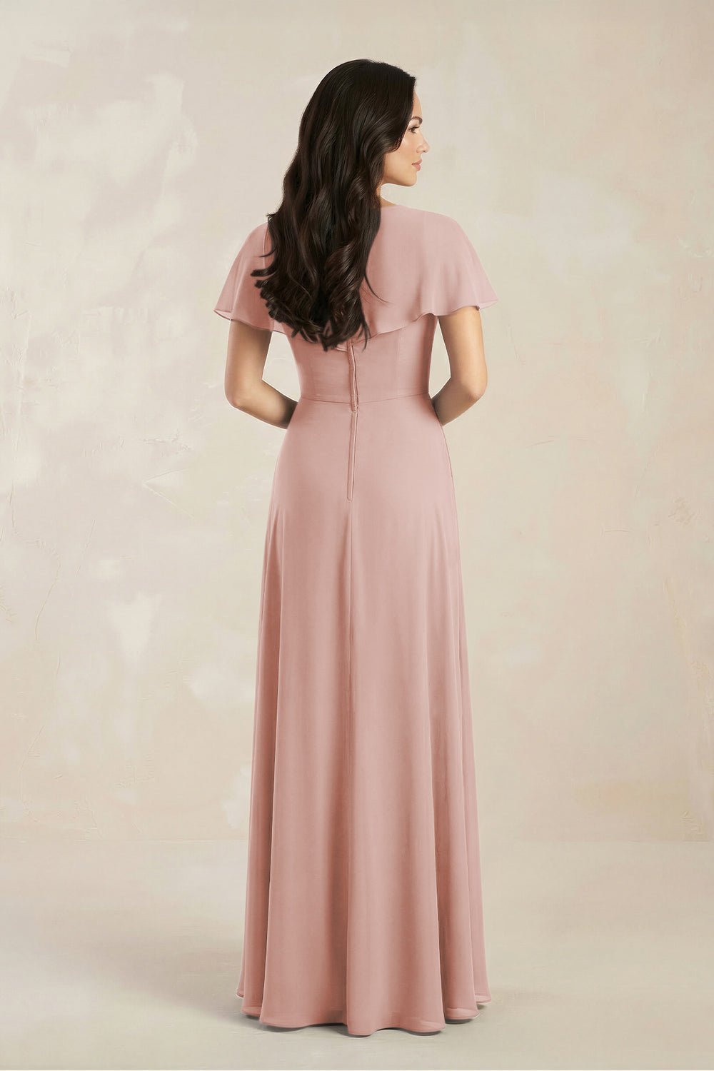 A-Line Short Sleeve Chiffon V-Neck Bridesmaid Dress in English Rose