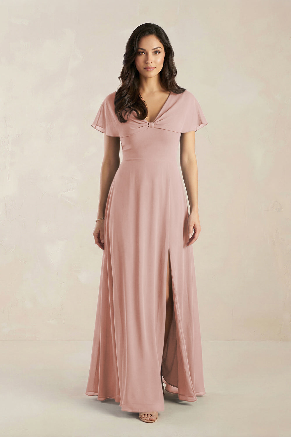 A-Line Short Sleeve Chiffon V-Neck Bridesmaid Dress in English Rose