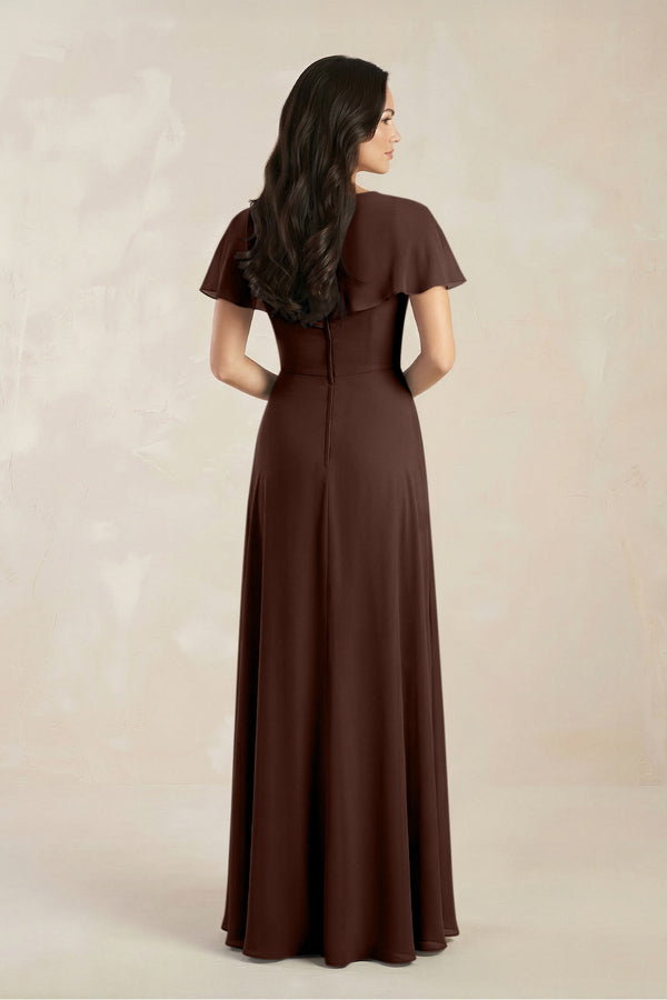 A - Line Short Sleeve Chiffon V - Neck Bridesmaid Dress in Espresso - SHE IS ME Bridesmaid Dresses
