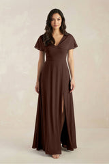 A - Line Short Sleeve Chiffon V - Neck Bridesmaid Dress in Espresso - KISS BRIDAL Bridesmaid Dresses