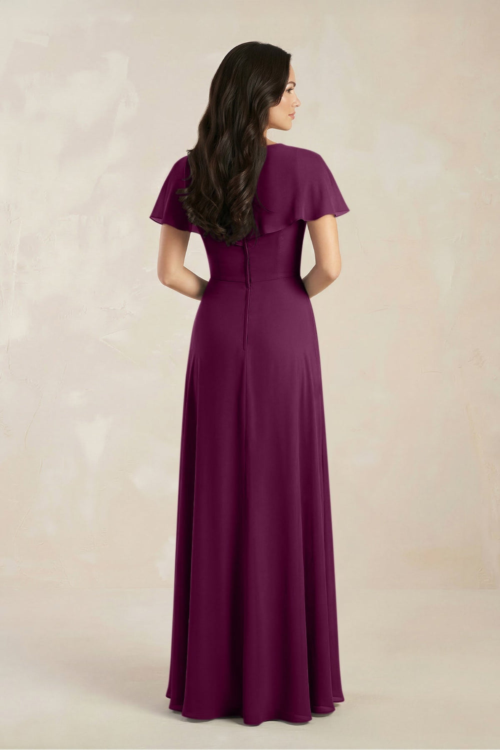 A - Line Short Sleeve Chiffon V - Neck Bridesmaid Dress in Fig - KISS BRIDAL Bridesmaid Dresses