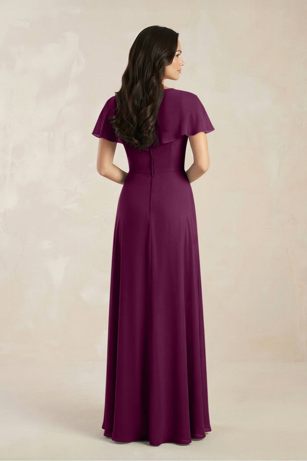 A - Line Short Sleeve Chiffon V - Neck Bridesmaid Dress in Fig - SHE IS ME Bridesmaid Dresses