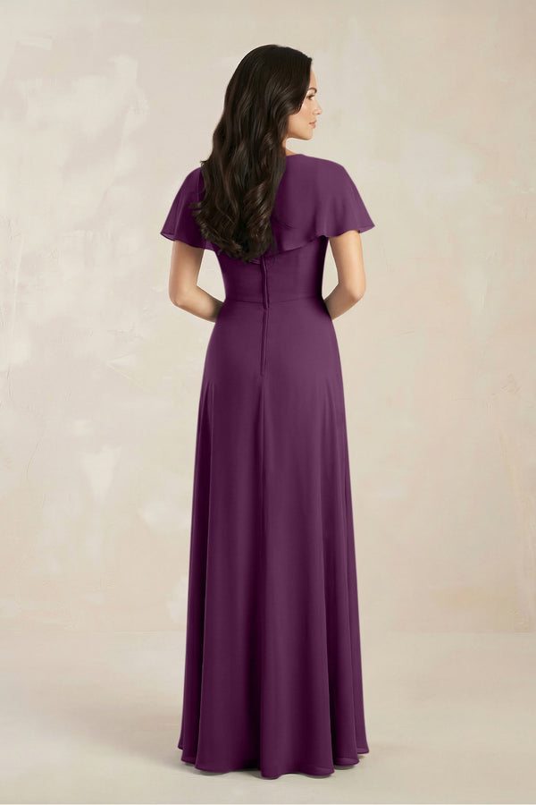 A-Line Short Sleeve Chiffon V-Neck Bridesmaid Dress in Fig (2) | KISSBRIDAL