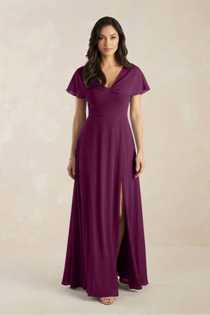 A - Line Short Sleeve Chiffon V - Neck Bridesmaid Dress in Fig - SHE IS ME Bridesmaid Dresses
