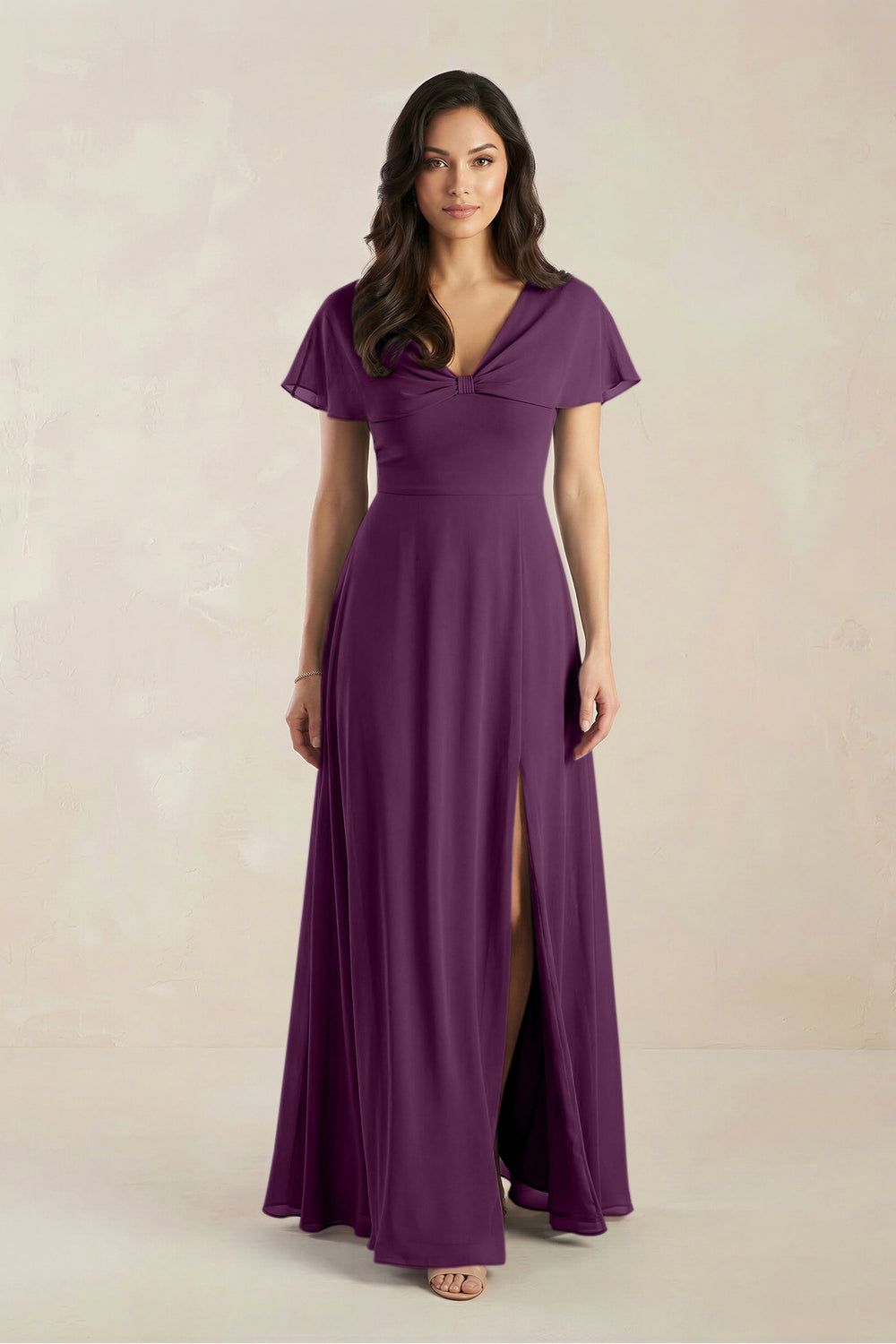 A-Line Short Sleeve Chiffon V-Neck Bridesmaid Dress in Fig