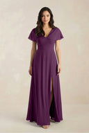 A-Line Short Sleeve Chiffon V-Neck Bridesmaid Dress in Fig | KISSBRIDAL