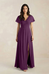 A-Line Short Sleeve Chiffon V-Neck Bridesmaid Dress in Fig | KISSBRIDAL