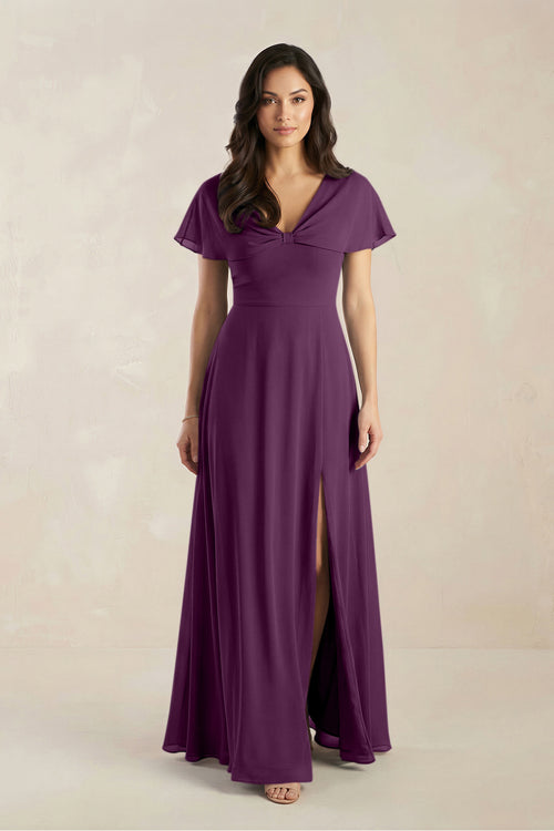 A-Line Short Sleeve Chiffon V-Neck Bridesmaid Dress in Fig | KISSBRIDAL