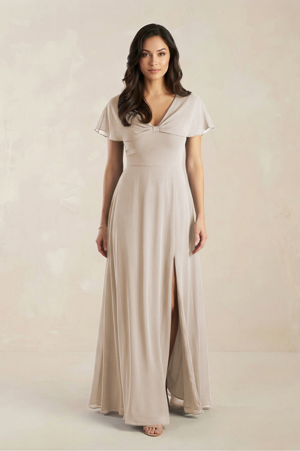 A - Line Short Sleeve Chiffon V - Neck Bridesmaid Dress in Frost - KISS BRIDAL Bridesmaid Dresses