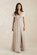 A - Line Short Sleeve Chiffon V - Neck Bridesmaid Dress in Frost - SHE IS ME Bridesmaid Dresses