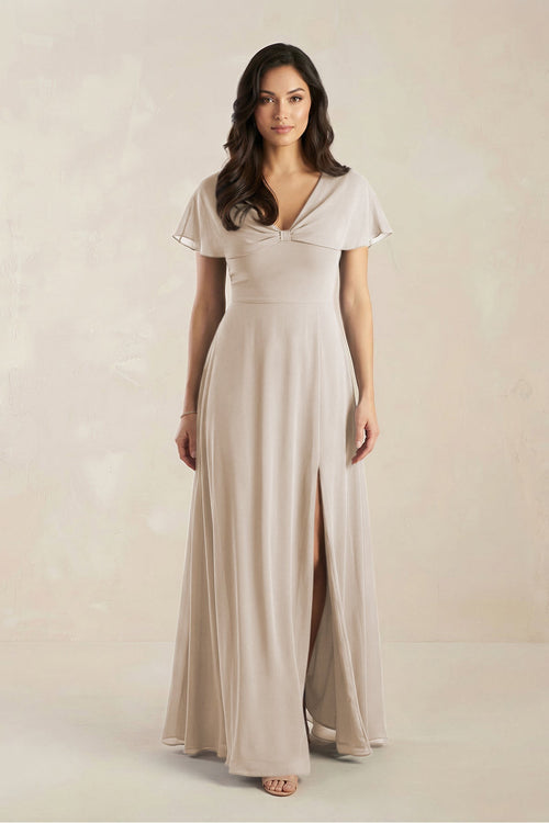 A - Line Short Sleeve Chiffon V - Neck Bridesmaid Dress in Frost - SHE IS ME Bridesmaid Dresses
