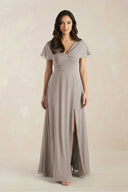A-Line Short Sleeve Chiffon V-Neck Bridesmaid Dress in Frost | KISSBRIDAL
