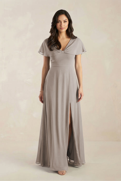 A-Line Short Sleeve Chiffon V-Neck Bridesmaid Dress in Frost | KISSBRIDAL