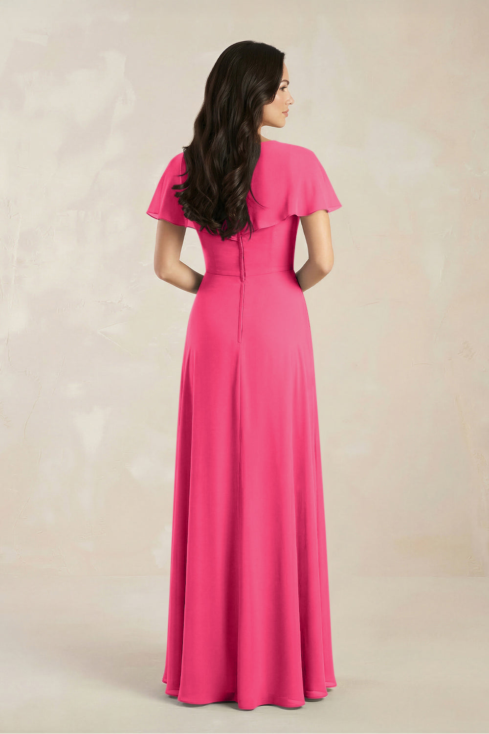 A-Line Short Sleeve Chiffon V-Neck Bridesmaid Dress in Fuchsia