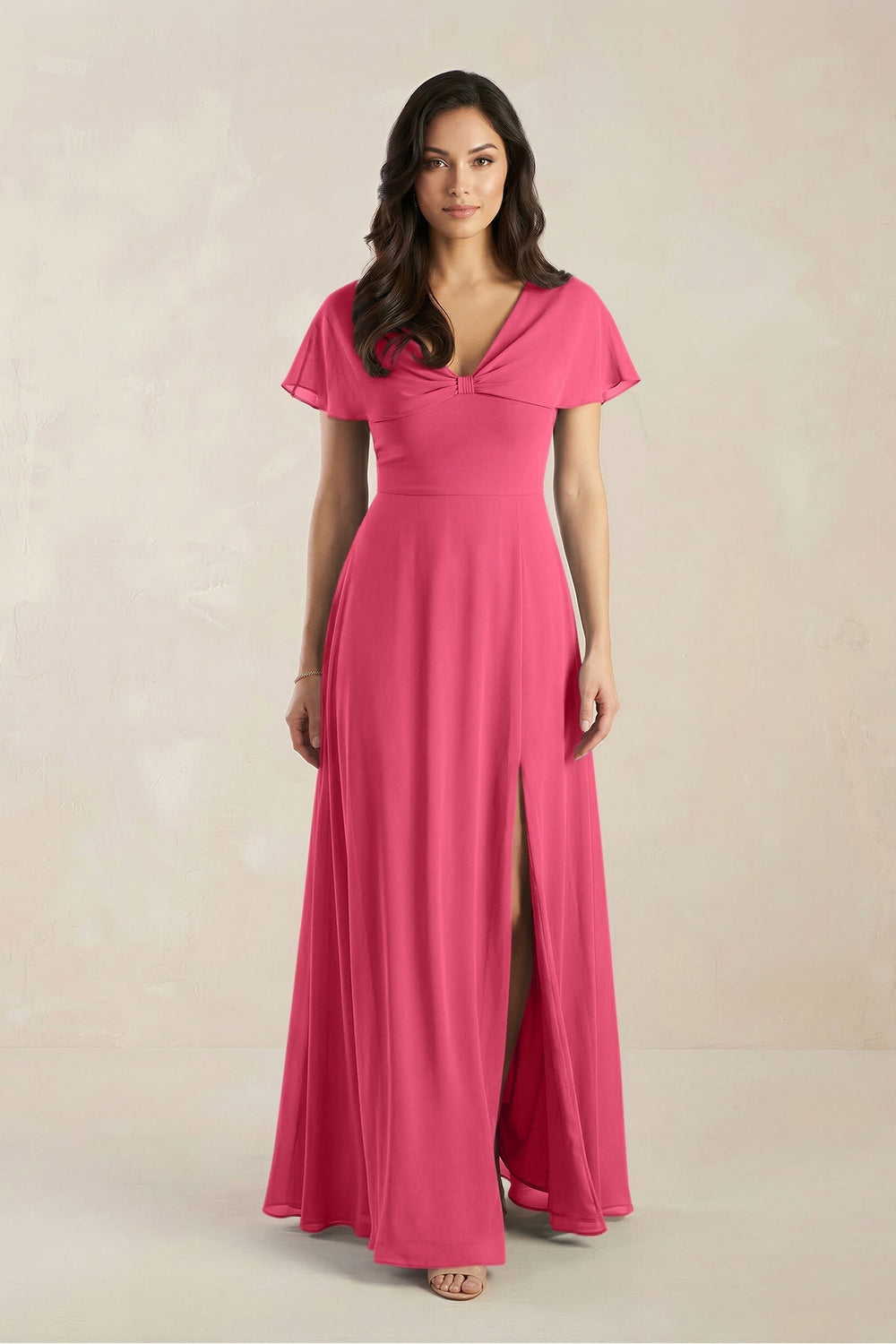 A - Line Short Sleeve Chiffon V - Neck Bridesmaid Dress in Fuchsia - KISS BRIDAL Bridesmaid Dresses