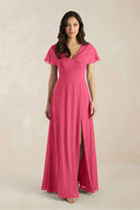 A - Line Short Sleeve Chiffon V - Neck Bridesmaid Dress in Fuchsia - SHE IS ME Bridesmaid Dresses