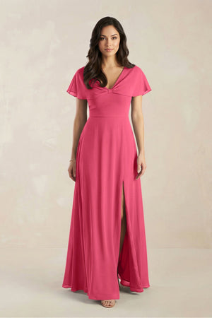 A - Line Short Sleeve Chiffon V - Neck Bridesmaid Dress in Fuchsia - SHE IS ME Bridesmaid Dresses