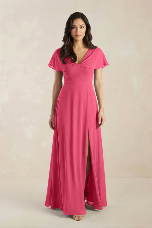 A - Line Short Sleeve Chiffon V - Neck Bridesmaid Dress in Fuchsia - SHE IS ME Bridesmaid Dresses