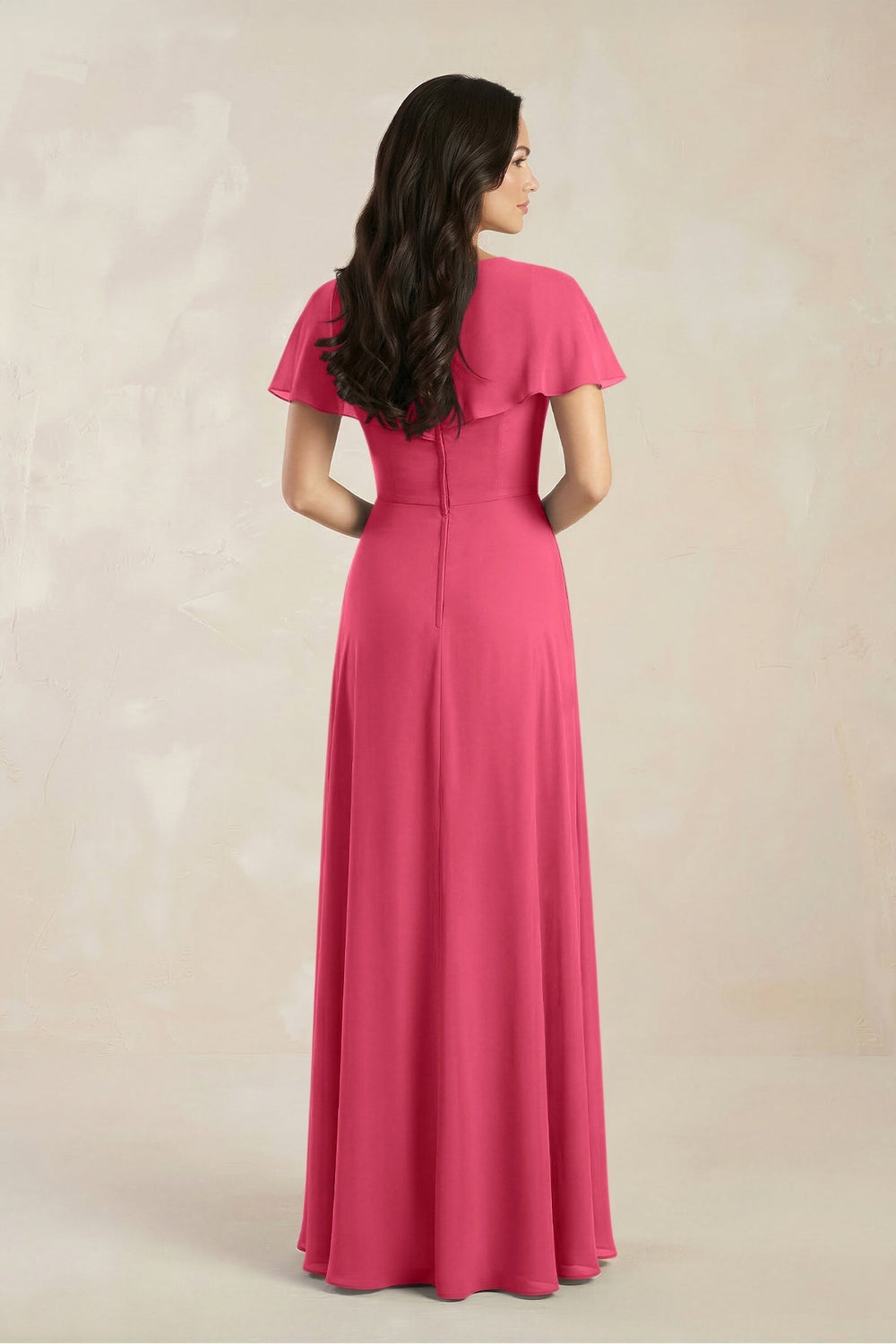 A - Line Short Sleeve Chiffon V - Neck Bridesmaid Dress in Fuchsia - KISS BRIDAL Bridesmaid Dresses