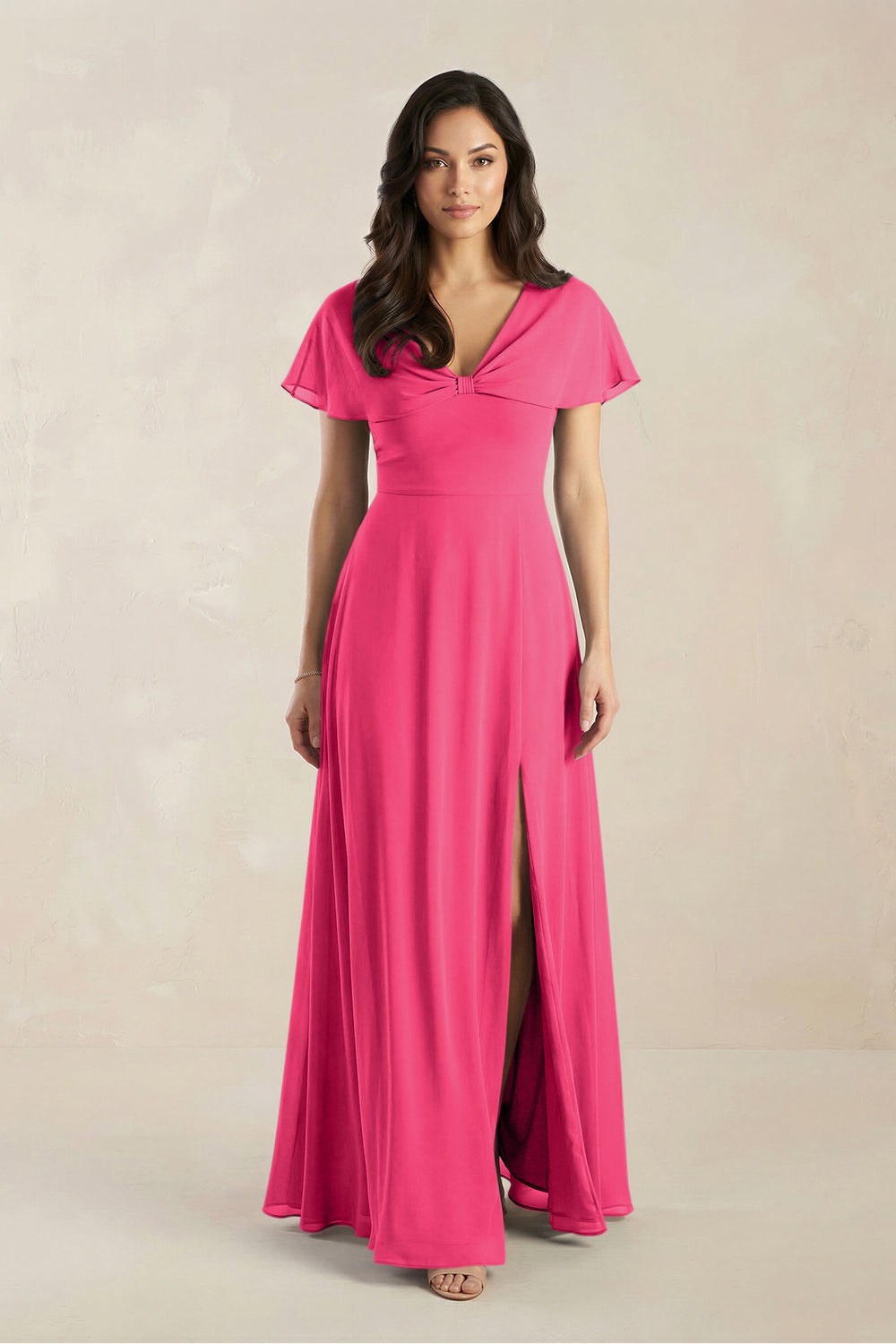 A-Line Short Sleeve Chiffon V-Neck Bridesmaid Dress in Fuchsia