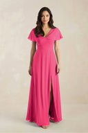 A-Line Short Sleeve Chiffon V-Neck Bridesmaid Dress in Fuchsia | KISSBRIDAL