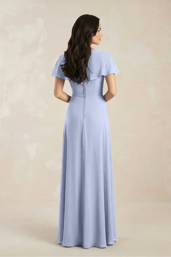 A-Line Short Sleeve Chiffon V-Neck Bridesmaid Dress in Ice (2) | KISSBRIDAL