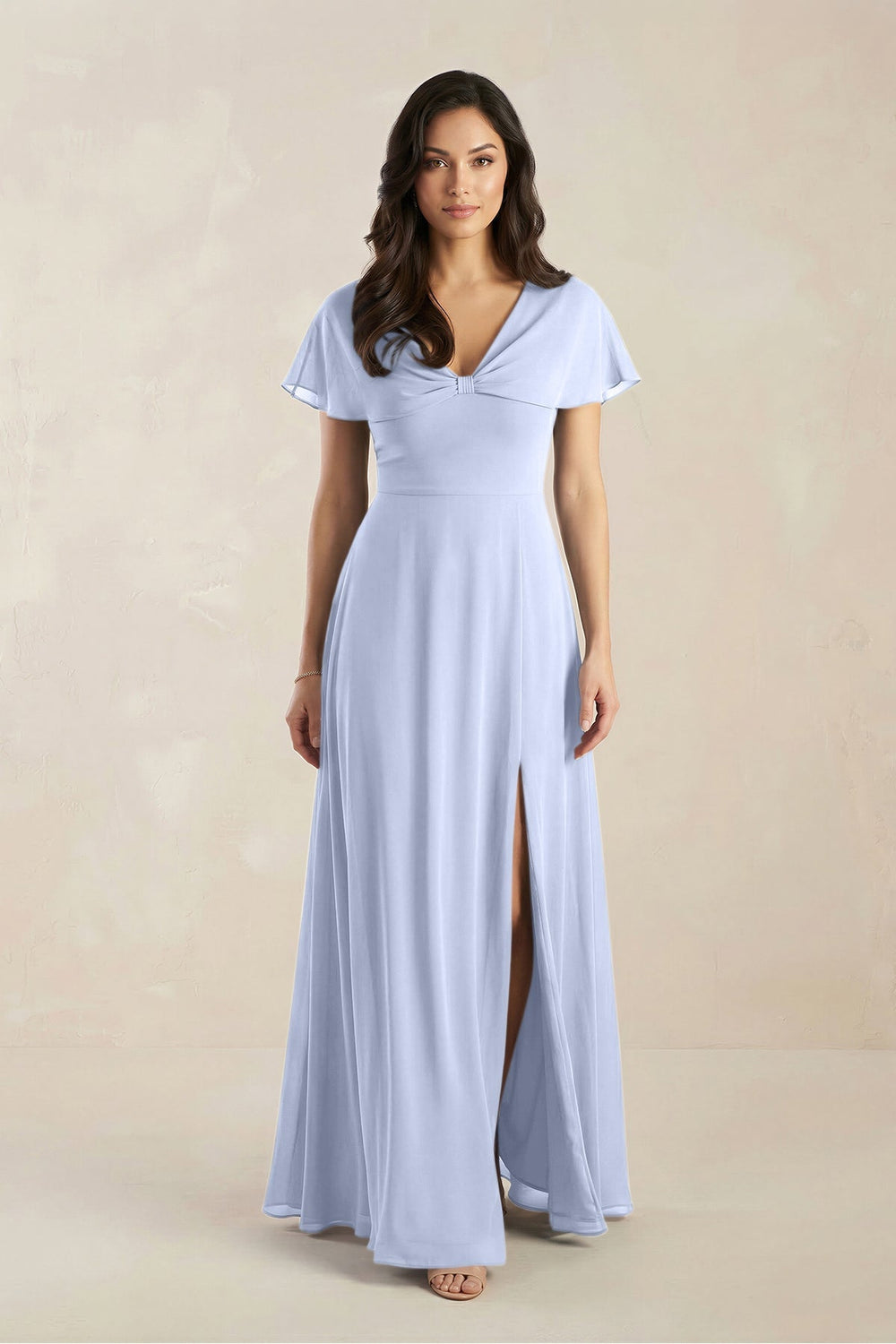 A - Line Short Sleeve Chiffon V - Neck Bridesmaid Dress in Ice - KISS BRIDAL Bridesmaid Dresses