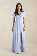 A - Line Short Sleeve Chiffon V - Neck Bridesmaid Dress in Ice - SHE IS ME Bridesmaid Dresses
