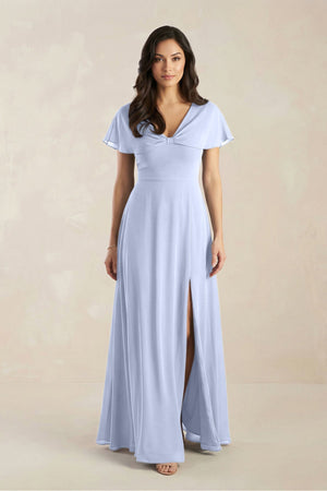 A - Line Short Sleeve Chiffon V - Neck Bridesmaid Dress in Ice - SHE IS ME Bridesmaid Dresses
