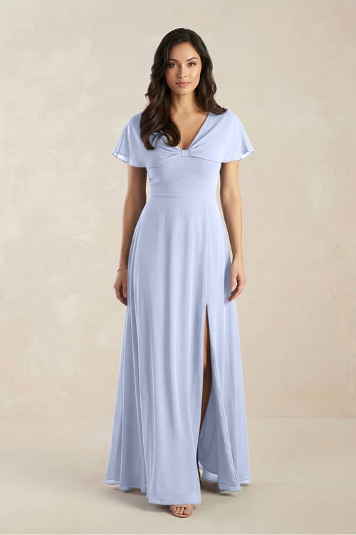 A - Line Short Sleeve Chiffon V - Neck Bridesmaid Dress in Ice - SHE IS ME Bridesmaid Dresses